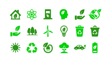 Sustainable living icons featuring eco homes, light bulbs, wind turbines, and electric cars.