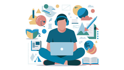 A man sits cross-legged on the floor with a laptop and headphones on, surrounded by various colorful educational icons and symbols.