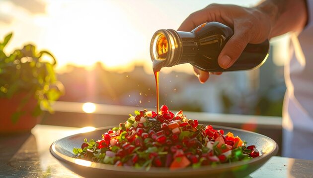 Pouring Dressing on Vibrant Salad with Pomegranate Seeds and Greens.
