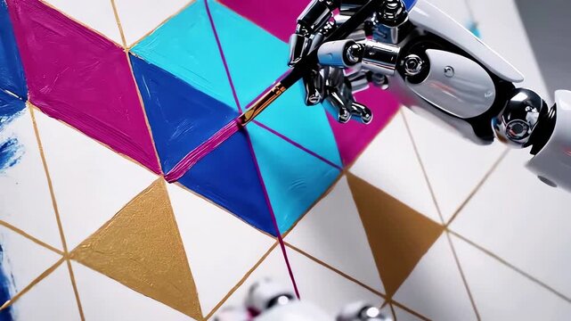 Robot hand carefully paints geometric patterns on canvas with brush, detailed mechanism creates precise colorful triangles in modern studio, innovative concept of artificial intelligence in art