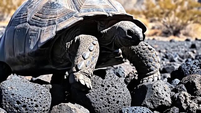 Large tortoise moves slowly over dark volcanic rocks in dry desert landscape, macro view captures detailed shell texture of giant reptile in wild nature, peaceful atmosphere of slow wildlife life