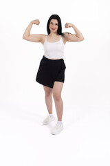 Strong woman showing muscles on white background