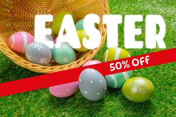 Fototapeta premium Celebrate Easter with a basket of colorful eggs and special discounts for everyone