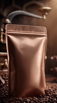 Coffee Bag and Roasted Beans on Rustic Table with Grinder