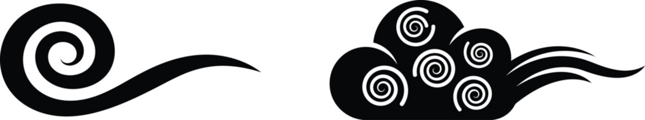 Black swirling cloud and spiral shapes on white background