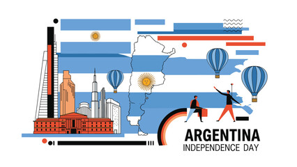 Obraz premium Argentina Independence Day celebration poster with the national flag map hot air balloons and silhouettes of historic city buildings and people.