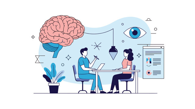 Psychological counseling and human brain function concept with doctor and patient discussing mental health in front of a giant brain diagram.