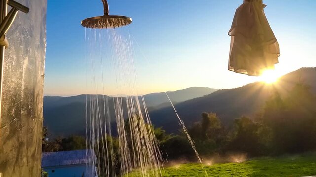 Refreshing Dawn: Water cascades from a shower head against a backdrop of a stunning mountain landscape at dawn, creating a serene and invigorating visual. 