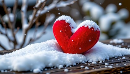 Fototapeta premium Red Fabric Heart Dusting Snow Wooden Surface