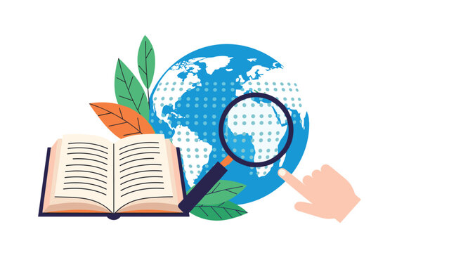 Educational world exploration concept with an open book a magnifying glass over a blue globe and a hand pointing at a specific geographic location.