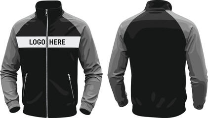Full zip raglan track jacket technical flat sketch, athletic sportswear windbreaker vector illustration, front and back view fashion CAD drawing template. © MstLucky