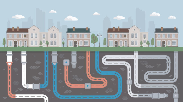 An illustration of underground pipes supplying water and heating to a row of houses in a suburban neighborhood with city skyline