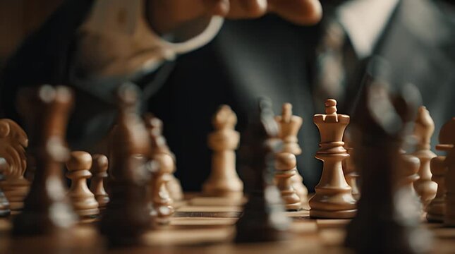 Man Moving Chess Piece Strategically on Board.