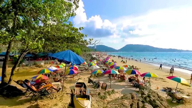 Tropical Patong Kamala Beach Phuket Thailand tourists people parasol palm.