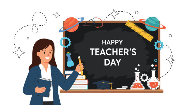 Happy Teachers Day celebration featuring smiling female teacher standing in front of blackboard decorated with science and space icons.