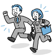笑顔で走る若手・中堅ビジネスマンとビジネスウーマンの2色イラスト