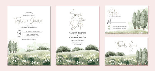 Obraz premium wedding invitation set with white wildflowers meadow watercolor landscape