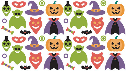 Obraz premium A colorful Halloween-themed illustration featuring various festive icons and characters on a white background