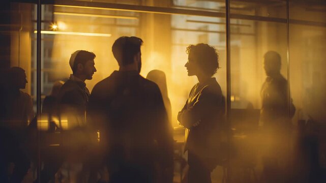 Blurred people silhouettes in luminous collaborative workplace concept. Group of business professionals collaborating and discussing ideas in modern office space