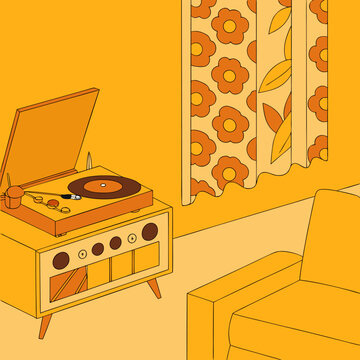 A minimalist vector illustration of a vintage record player in a retro-style living room with a floral curtain