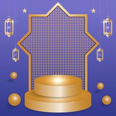 Islamic 3d podium with gold pattern arch and lanterns for Ramadan and product display