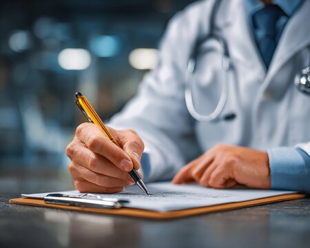 Doctor writing notes in a medical setting during a consultation in a hospital