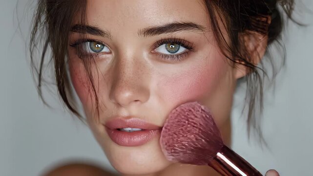Beauty transformation process showcasing a model applying blush with a brush against a soft backdrop
