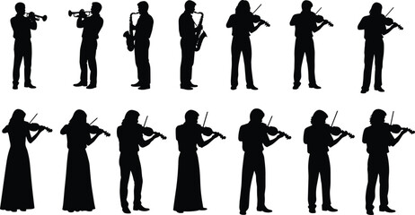 Musician silhouettes set trumpet saxophone violin players orchestra band performance collection black figures vector illustration music art design elements © Rezaul