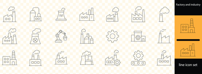 Factory and industry icons set. line, editable line icons, manufacturing and engineering