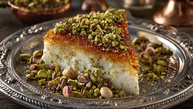 A delicious slice of kadaif pastry, generously topped with vibrant green chopped pistachios,