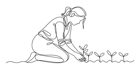 Obraz premium Continuous one line drawing young female farmer planting plant shoots in the ground.one line vector illustration with out background.