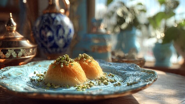Two delicate portions of golden shredded phyllo dough dessert, dusted with vibrant green pistachios