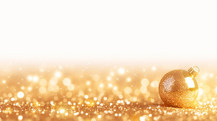 白背景に浮かぶ黄金の輝く球体　豪華なゴールドオーナメントと光の粒子のイラスト背景