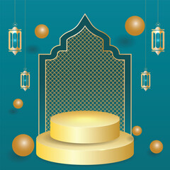 3D Islamic arch with golden lanterns on emerald green background for Ramadan
