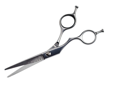 Polished metal shears with ridged blades and finger loops on a white background