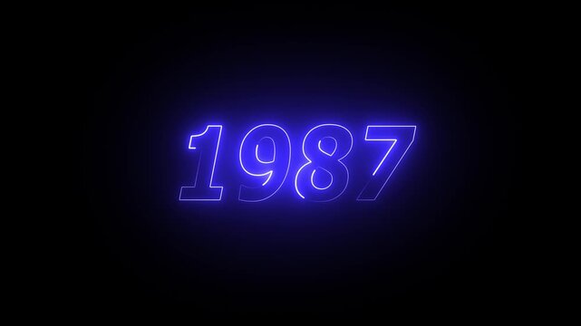 1987 neon line text. Abstract 1987 neon text animation ,For neon color Glowing neon number text background 4k video animation . 1987 title metal text on glowing text animation black background