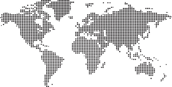 Pixel Square Dotted World Map with White Ocean Background, Abstract Global Map Gray Vector Illustration