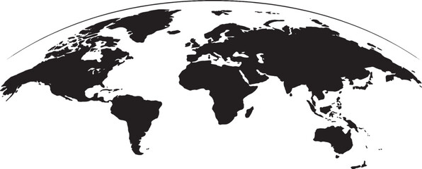 Black World Map on Hemisphere Projection, Flat Global Map Silhouette with Curved Grid Lines Vector Illustration © Ahmed