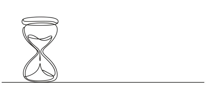 Classic hourglass with sand in one line art style. Symbol of time with editable black stroke on white background. Vector illustration. One continuous line drawing of hourglass timer. Sand glass timer