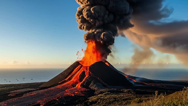 Fiery lava flows down volcanic slopes, plumes of smoke billow into a clear sky