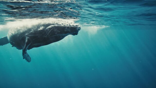 Humpback whale cruising below bright ocean surface, head closeup with fins spinning and rolling, slow motion