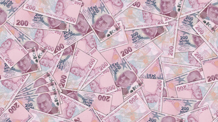 Obraz premium Seamless pattern. Financial illustration. Many scattered Turkish 200 lira banknotes. Obverse and reverse. Money of Republic of Turkey. Two hundred liras. Economic texture. Wallpaper or background