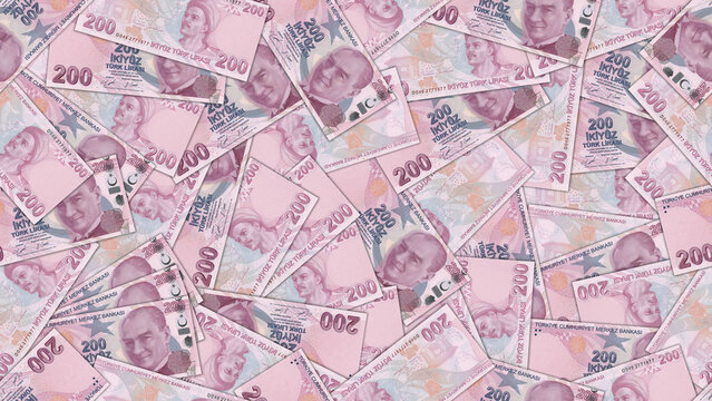 Seamless pattern. Financial illustration. Many scattered Turkish 200 lira banknotes. Obverse and reverse. Money of Republic of Turkey. Two hundred liras. Economic texture. Wallpaper or background