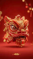 Obraz premium lion dance mascot with gold accents, glossy texture, red background, soft studio lighting, festive 3D render, high resolution, minimalist