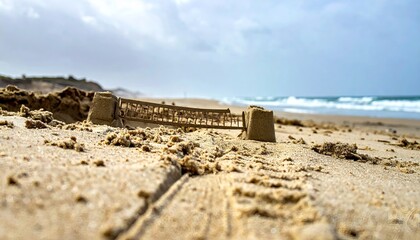 Sandcastle on the Beach Under Cloudy Sky with Ocean Waves
