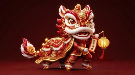 Fototapeta premium lion dance mascot with gold accents, glossy texture, red background, soft studio lighting, festive 3D render, high resolution, minimalist