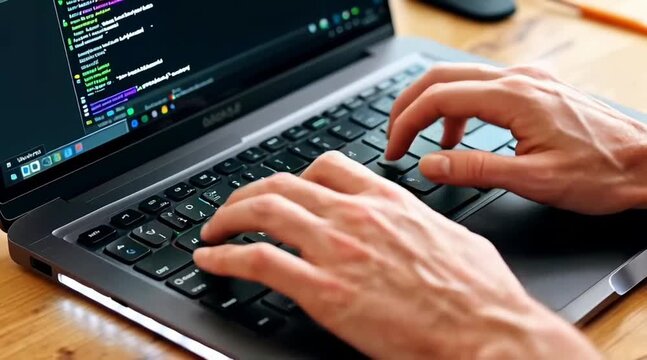Close up of hands typing on laptop keyboard with coding software on screen focused on programming and development work on wooden desk 4k, Video Resolution