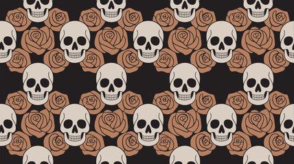 Obraz premium A vibrant pattern of skulls and roses on a black background with a dramatic and serene contrast of death and beauty