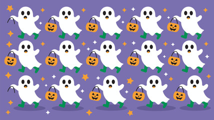 Naklejka premium A playful Halloween pattern featuring cartoon ghosts, jack-o-lanterns, and stars on a purple background.