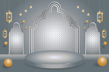 Islamic 3d podium background with silver pattern arches and golden lanterns and stars